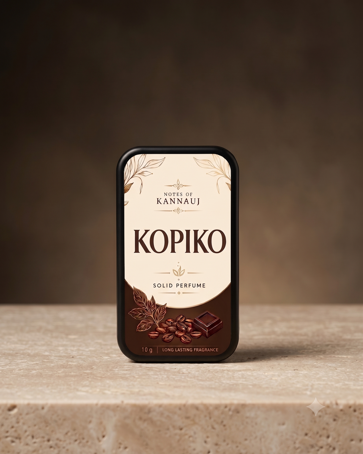 A rectangular solid perfume tin labeled 'KopiKo' by 'Notes of Kannauji' stands centered on a stone surface against a warm brown gradient background. The tin has a cream label with dark brown text and coffee bean imagery, framed by a black border.