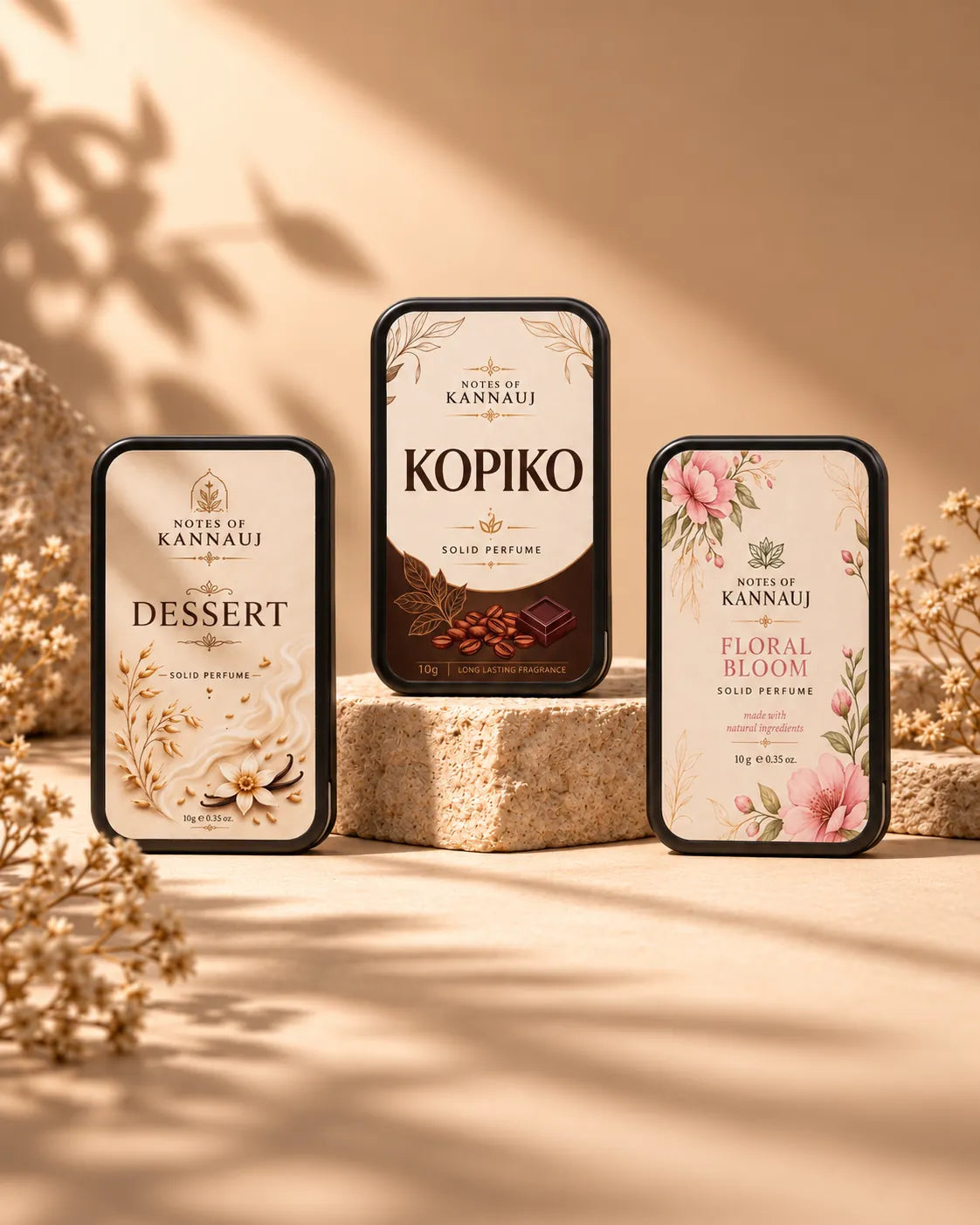 Three rectangular perfume bottles from the brand Kannauj are displayed on stone blocks in a warm, sunlight setting. The bottles feature elegant labels with floral and botanical illustrations, including 'Dessert', 'Kopiko', and 'Floral Bloom' scents.